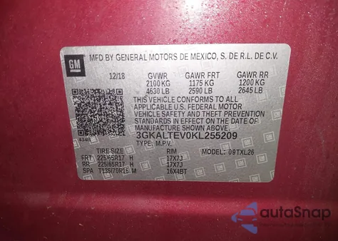 2019 GMC Terrain Sle из США, поврежденный, VIN 3GKALTEV0KL255209